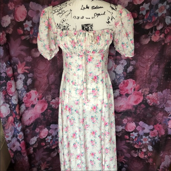 Floral dress puff sleeve summer flower slit long - Picture 7 of 11